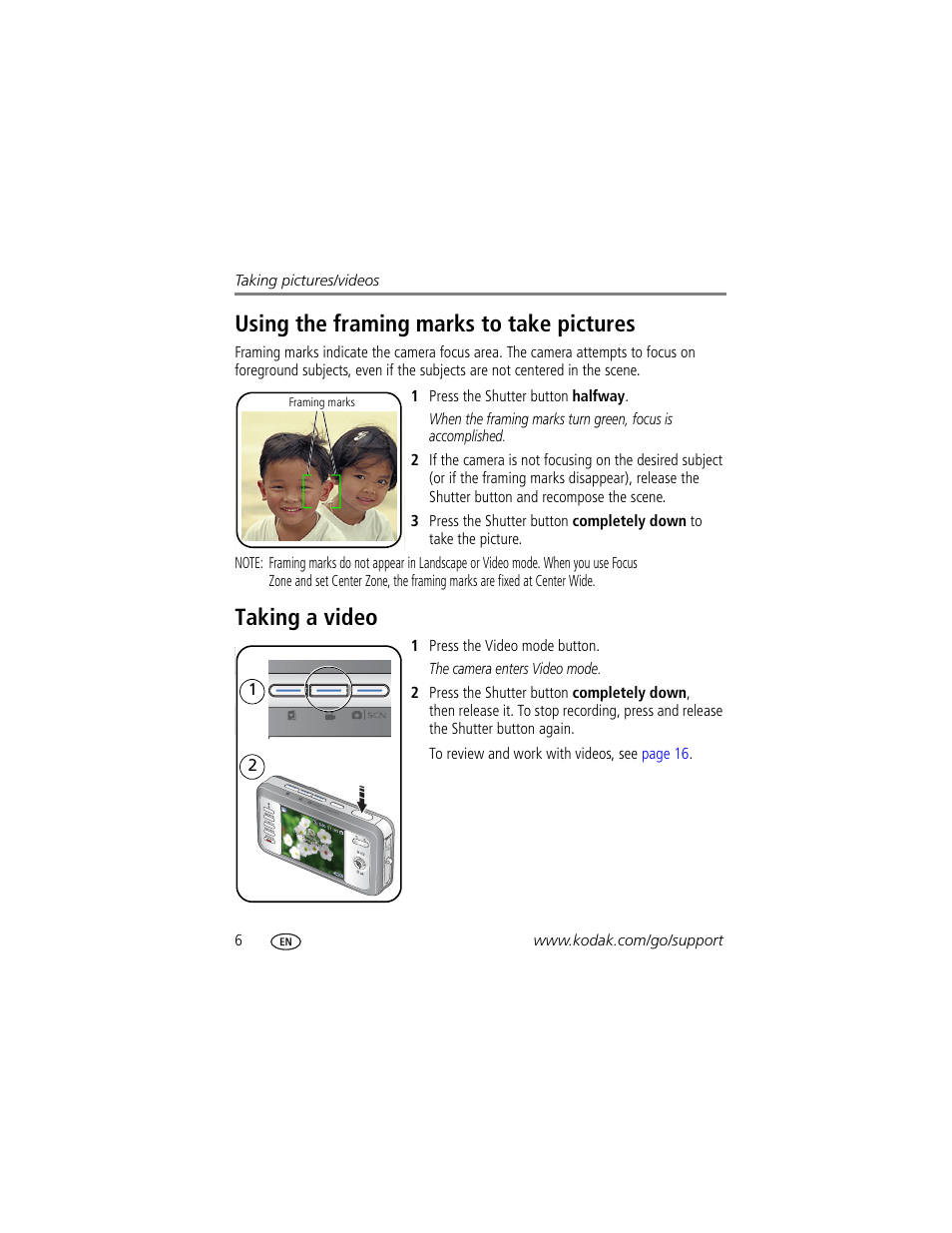 Using the framing marks to take pictures, Taking a video | Kodak EasyShare User Manual | Page 12 / 76