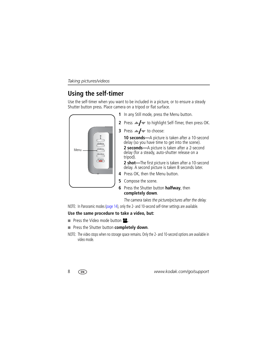 Using the self-timer | Kodak EasyShare User Manual | Page 14 / 76