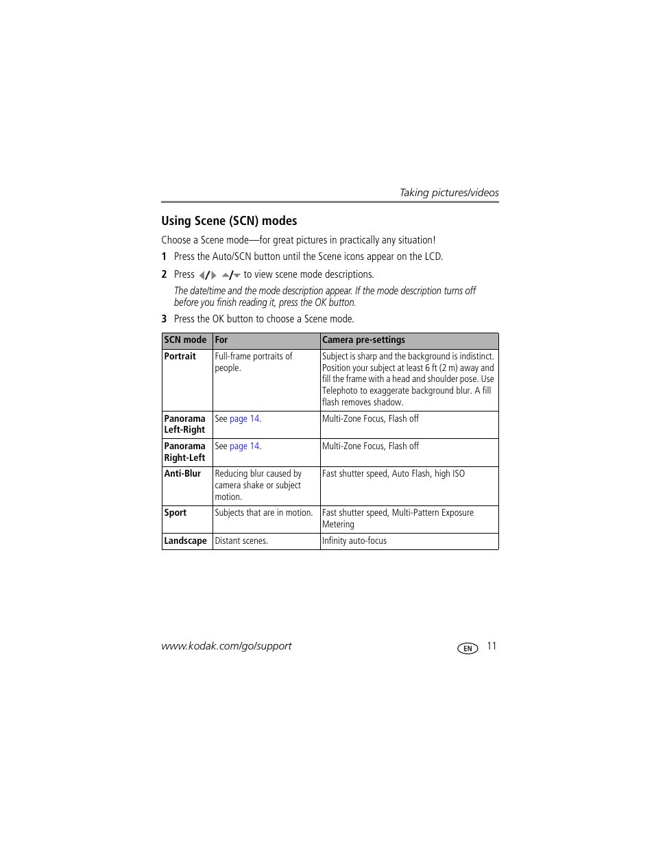 Using scene (scn) modes | Kodak EasyShare User Manual | Page 17 / 76