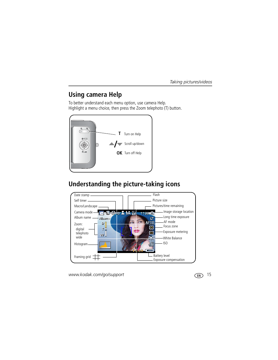 Using camera help, Understanding the picture-taking icons | Kodak EasyShare User Manual | Page 21 / 76