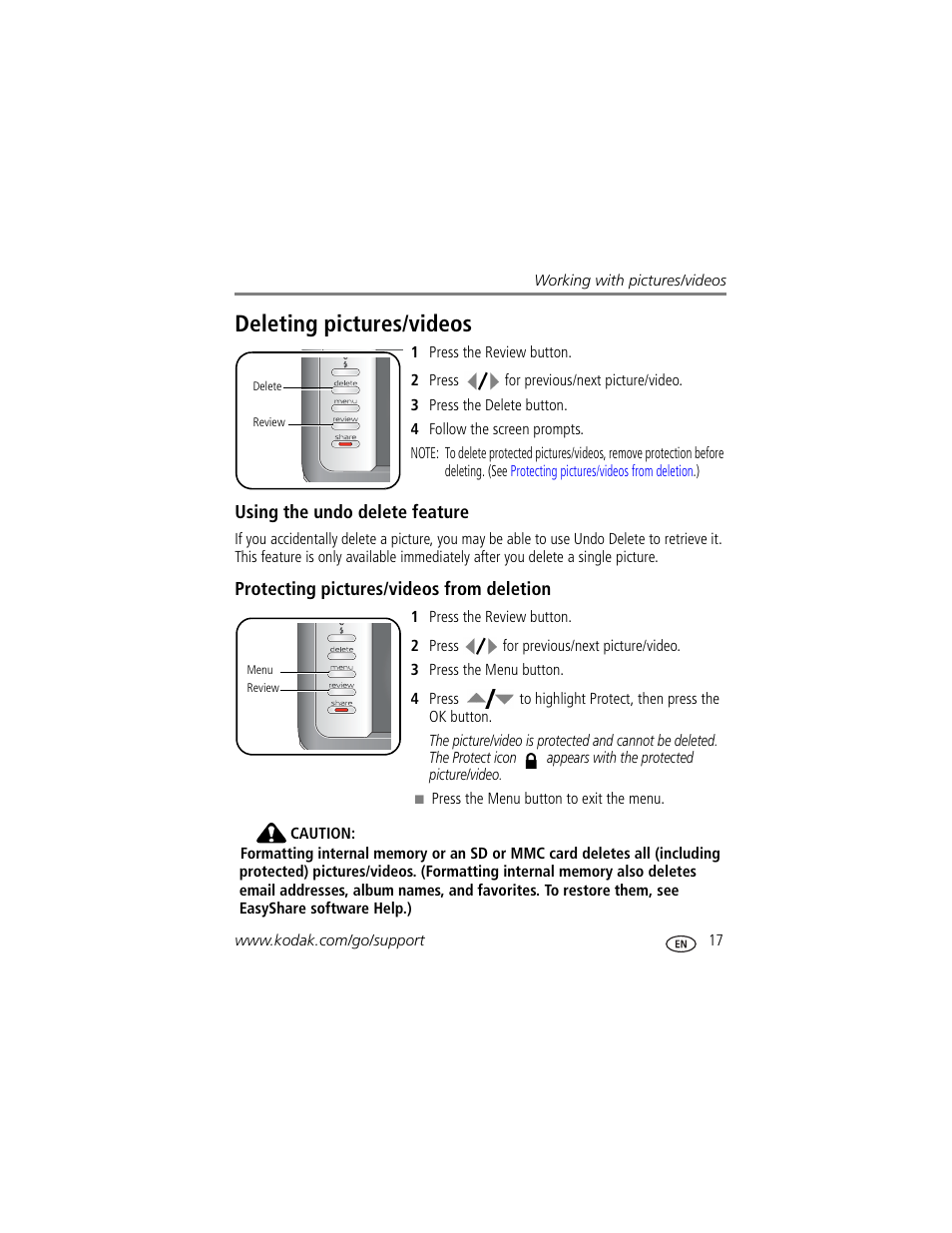 Deleting pictures/videos, Using the undo delete feature, Protecting pictures/videos from deletion | Kodak EasyShare User Manual | Page 23 / 76