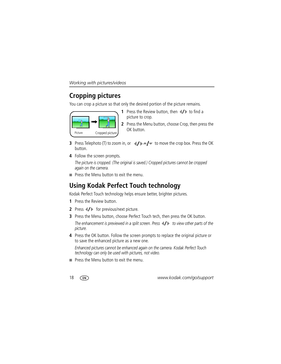 Cropping pictures, Using kodak perfect touch technology | Kodak EasyShare User Manual | Page 24 / 76
