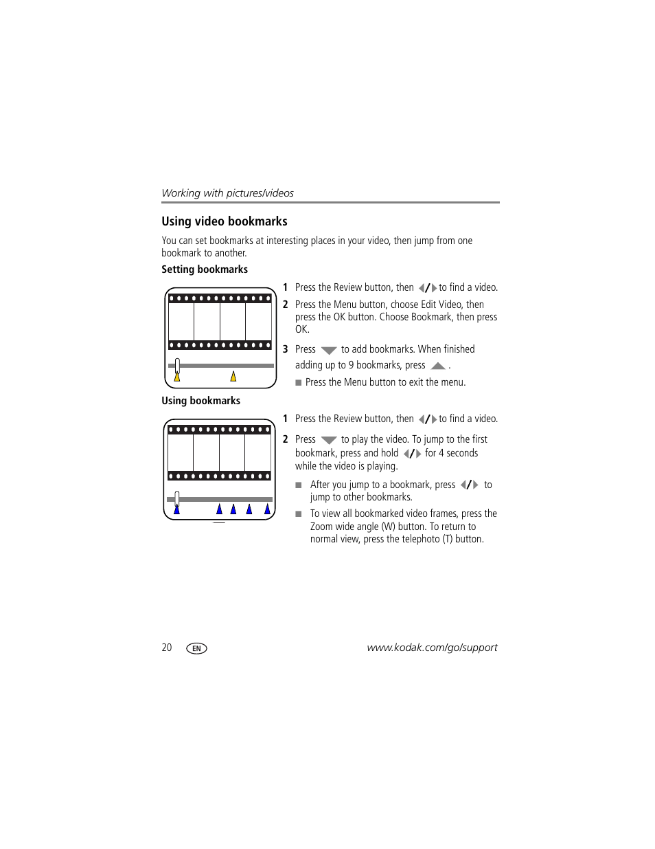 Using video bookmarks, Setting bookmarks, Using bookmarks | Kodak EasyShare User Manual | Page 26 / 76
