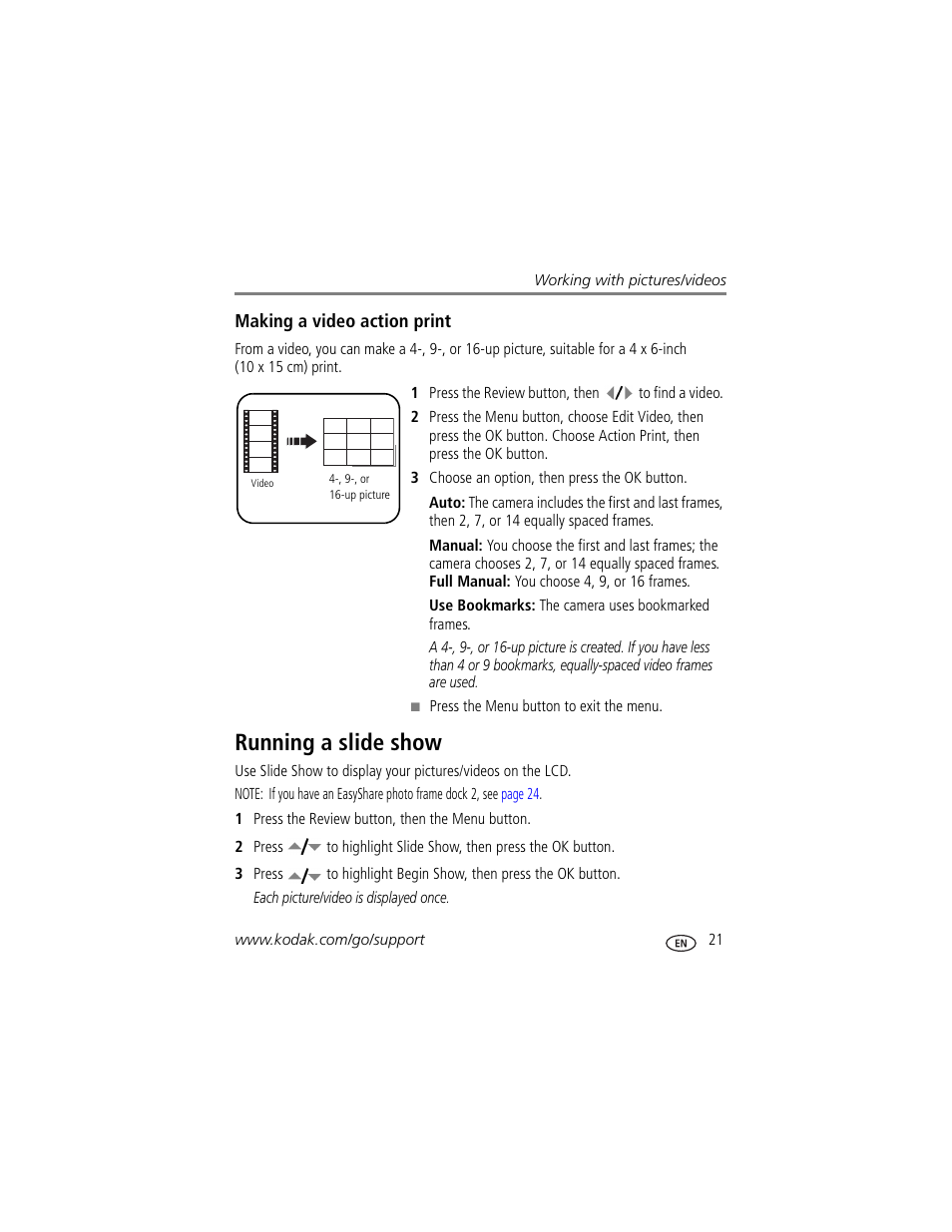 Making a video action print, Running a slide show | Kodak EasyShare User Manual | Page 27 / 76