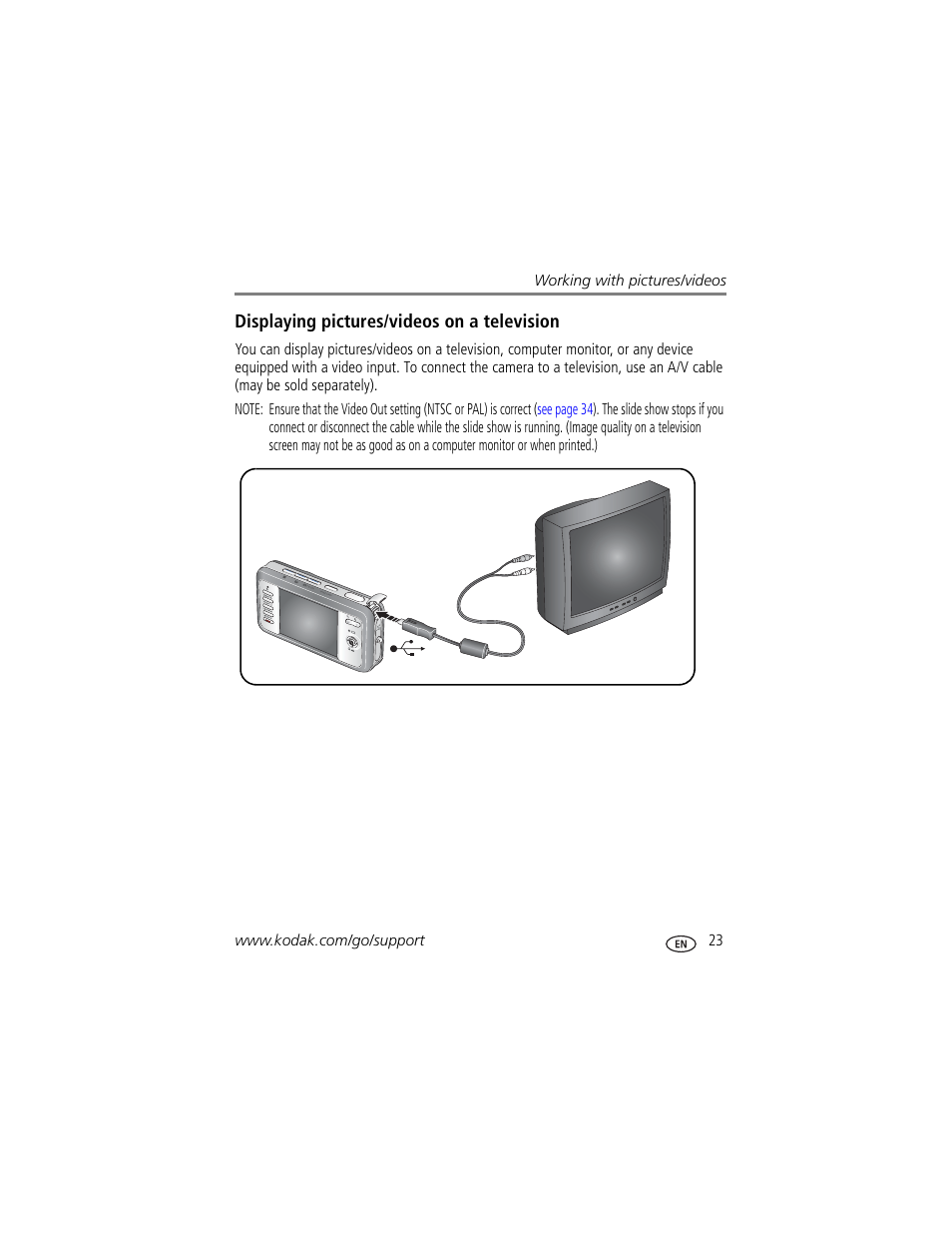 Displaying pictures/videos on a television | Kodak EasyShare User Manual | Page 29 / 76