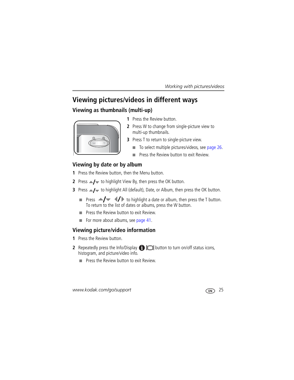 Viewing pictures/videos in different ways, Viewing as thumbnails (multi-up), Viewing by date or by album | Viewing picture/video information | Kodak EasyShare User Manual | Page 31 / 76