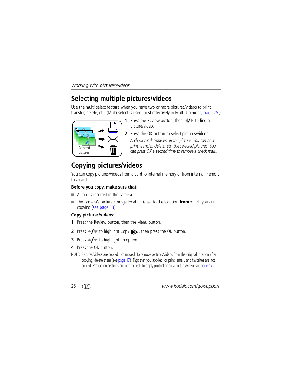 Selecting multiple pictures/videos, Copying pictures/videos | Kodak EasyShare User Manual | Page 32 / 76