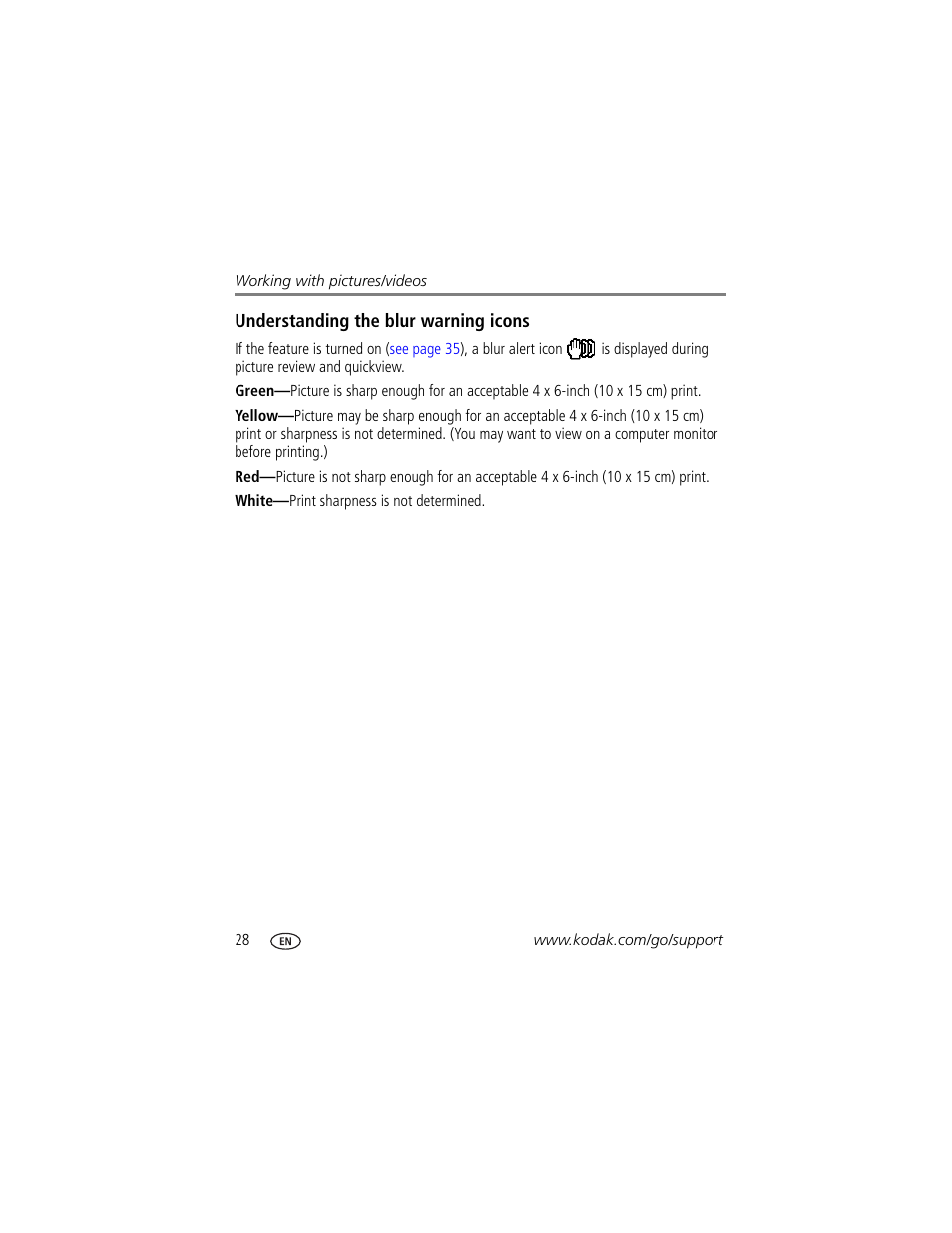 Understanding the blur warning icons | Kodak EasyShare User Manual | Page 34 / 76