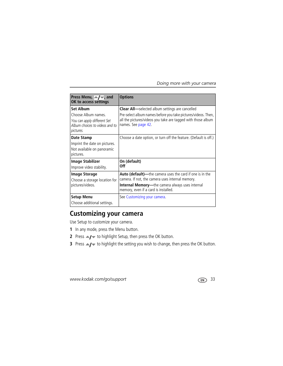 Customizing your camera | Kodak EasyShare User Manual | Page 39 / 76