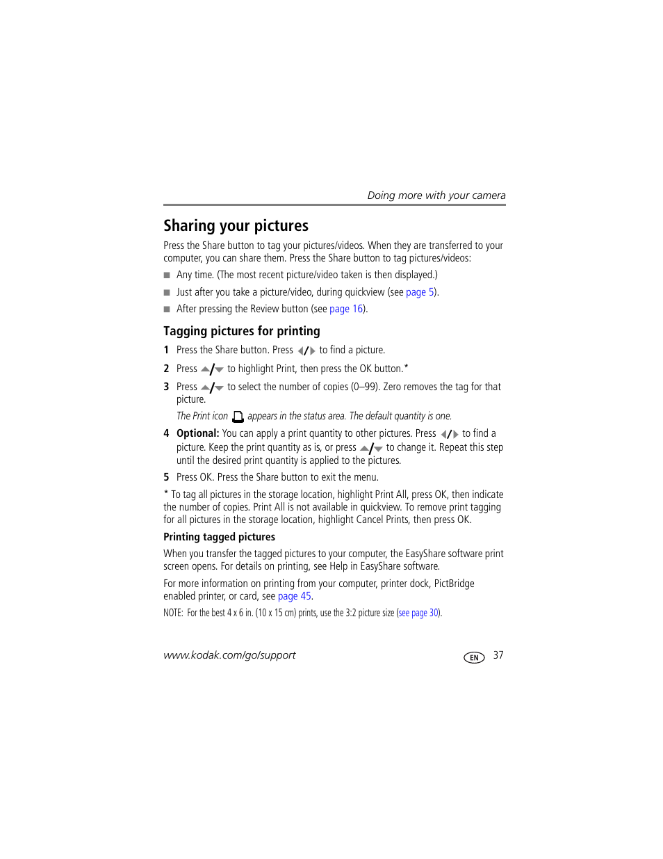 Sharing your pictures, Tagging pictures for printing, Printing tagged pictures | Kodak EasyShare User Manual | Page 43 / 76