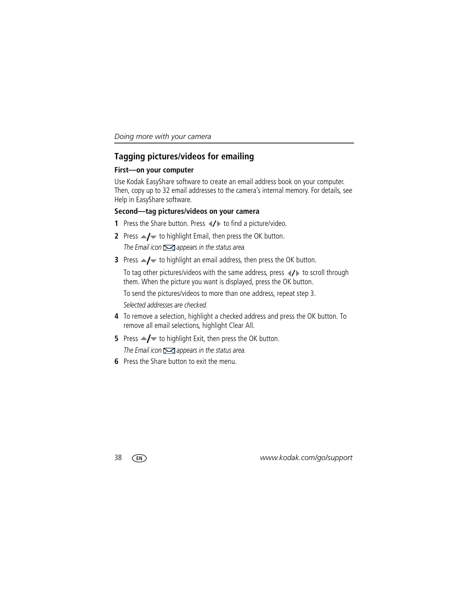 Tagging pictures/videos for emailing, First-on your computer, Second-tag pictures/videos on your camera | Kodak EasyShare User Manual | Page 44 / 76