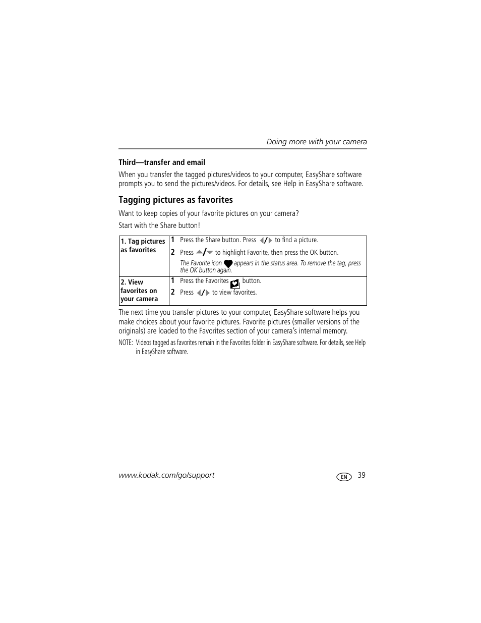 Third-transfer and email, Tagging pictures as favorites | Kodak EasyShare User Manual | Page 45 / 76