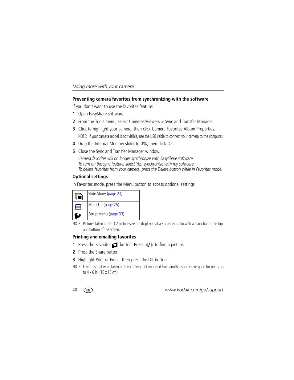 Optional settings, Printing and emailing favorites | Kodak EasyShare User Manual | Page 46 / 76