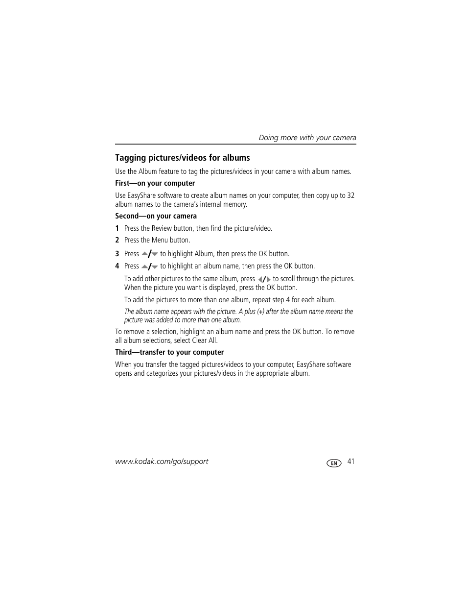 Tagging pictures/videos for albums, First-on your computer, Second-on your camera | Third-transfer to your computer | Kodak EasyShare User Manual | Page 47 / 76