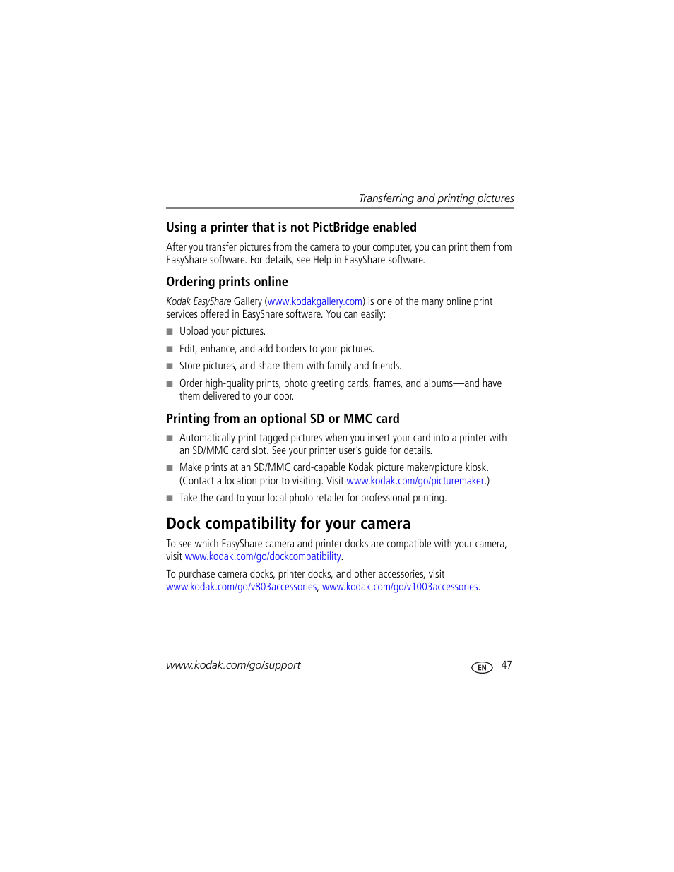 Using a printer that is not pictbridge enabled, Ordering prints online, Printing from an optional sd or mmc card | Dock compatibility for your camera | Kodak EasyShare User Manual | Page 53 / 76
