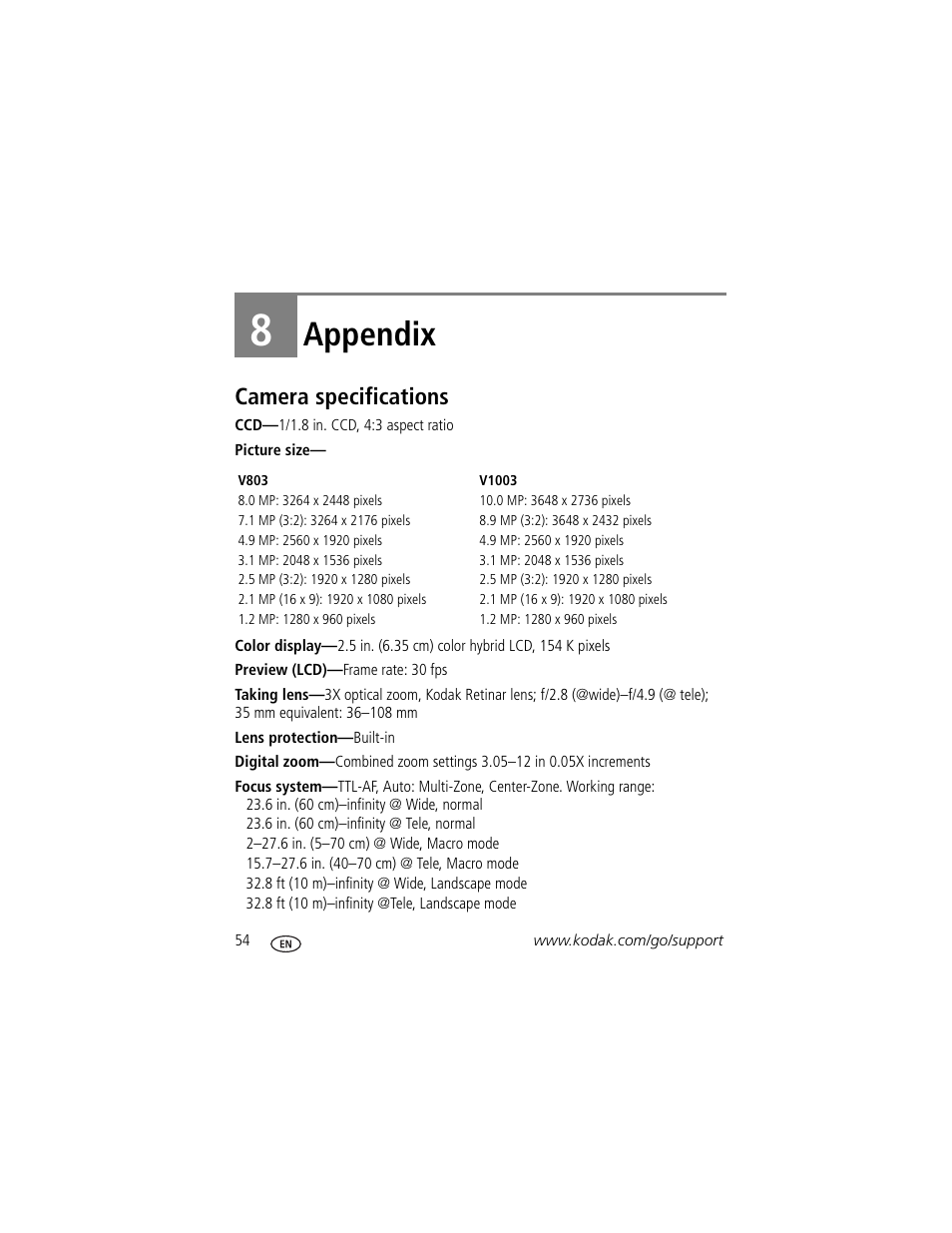 Appendix, Camera specifications, 8 appendix | Istances | Kodak EasyShare User Manual | Page 60 / 76