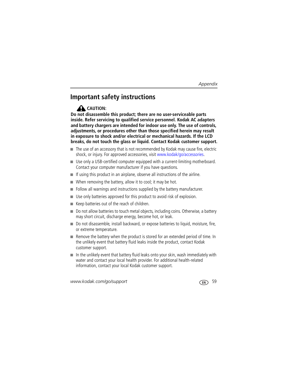 Important safety instructions | Kodak EasyShare User Manual | Page 65 / 76