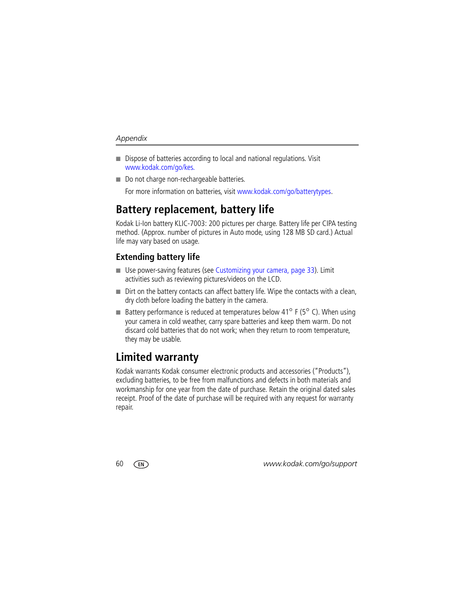 Battery replacement, battery life, Extending battery life, Limited warranty | Battery replacement, battery life limited warranty | Kodak EasyShare User Manual | Page 66 / 76