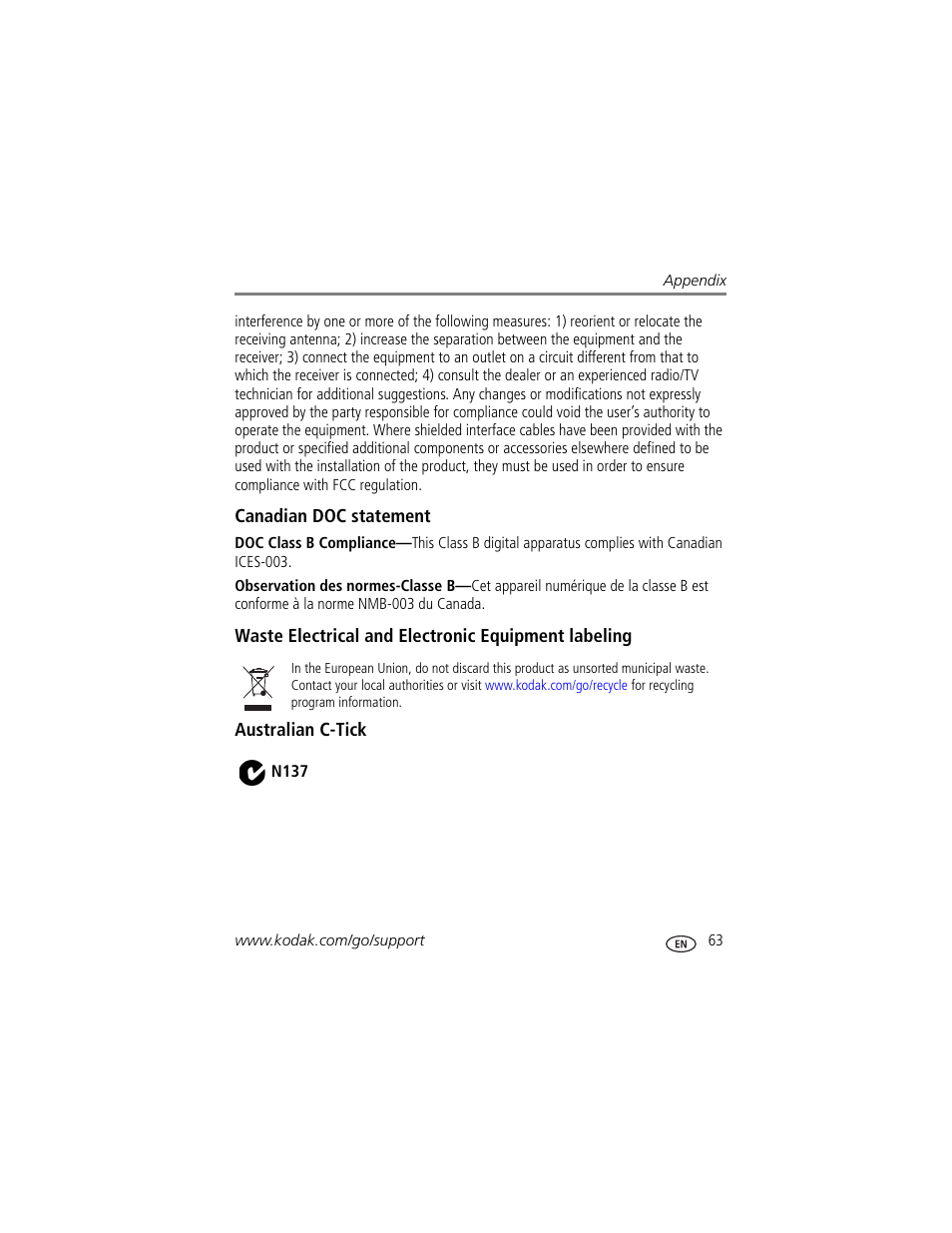 Canadian doc statement, Waste electrical and electronic equipment labeling, Australian c-tick | Kodak EasyShare User Manual | Page 69 / 76