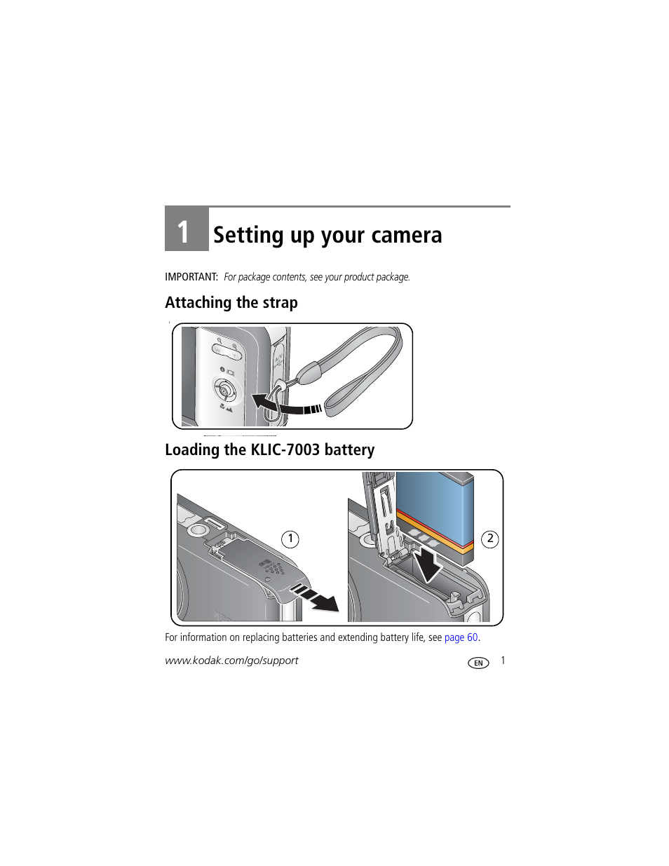 Setting up your camera, Attaching the strap, Loading the klic-7003 battery | 1 setting up your camera, Attaching the strap loading the klic-7003 battery | Kodak EasyShare User Manual | Page 7 / 76