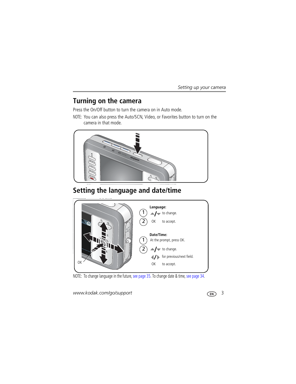 Turning on the camera, Setting the language and date/time | Kodak EasyShare User Manual | Page 9 / 76