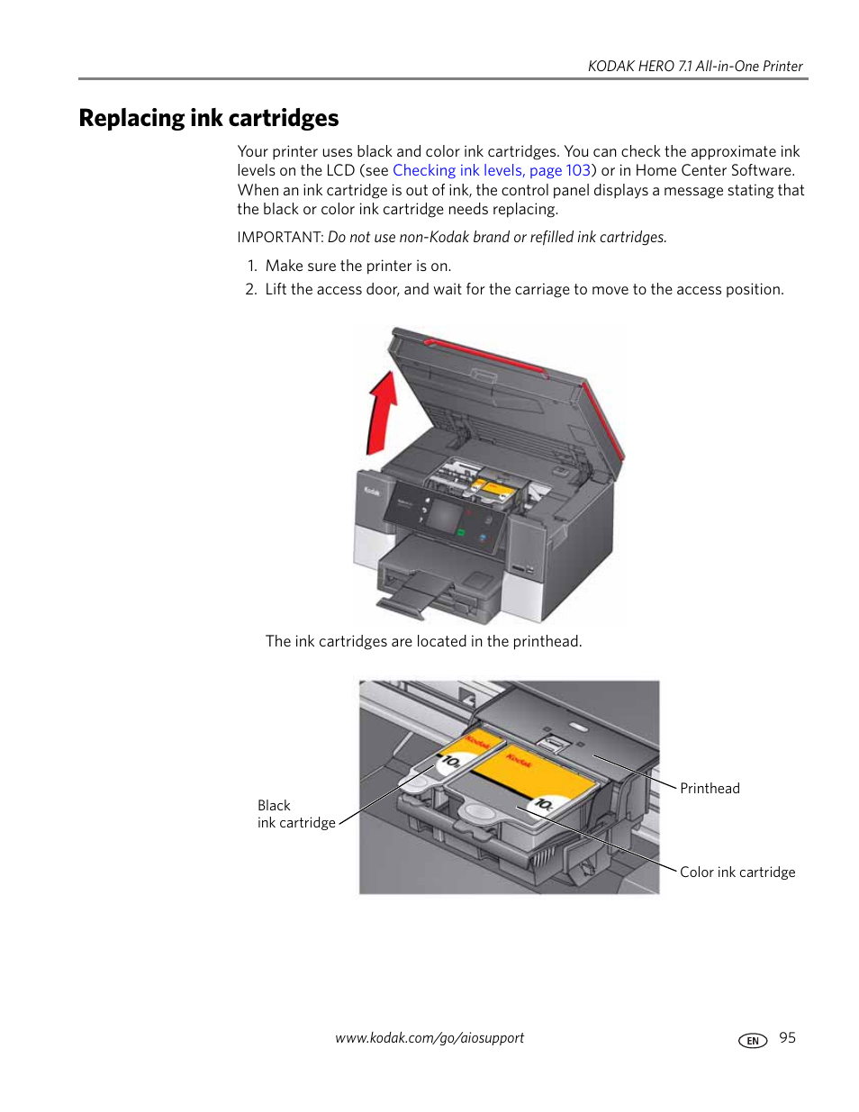 Replacing ink cartridges | Kodak HERO 7.1 User Manual | Page 101 / 127