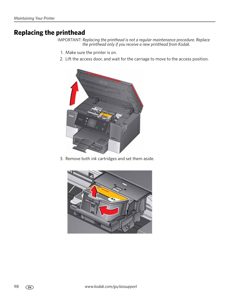 Replacing the printhead | Kodak HERO 7.1 User Manual | Page 104 / 127