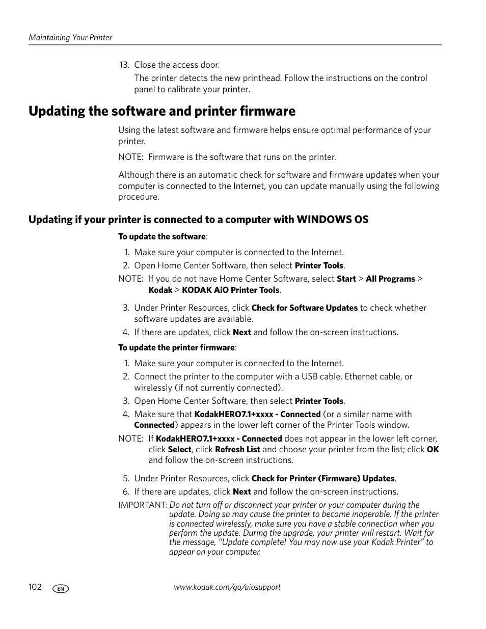 Updating the software and printer firmware | Kodak HERO 7.1 User Manual | Page 108 / 127