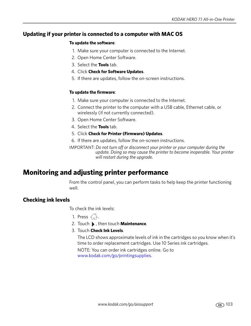 Monitoring and adjusting printer performance, Checking ink levels | Kodak HERO 7.1 User Manual | Page 109 / 127