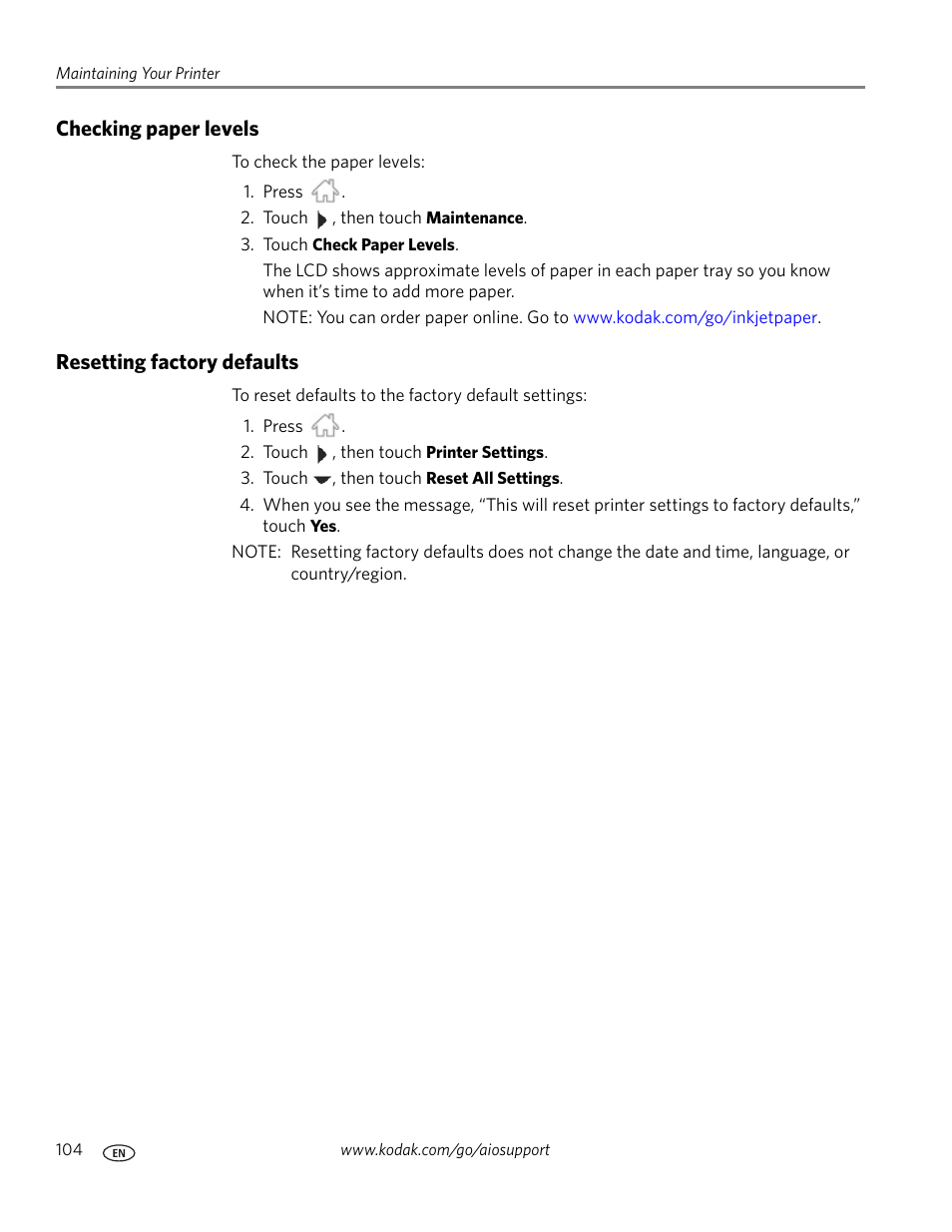 Checking paper levels, Resetting factory defaults, Checking paper levels resetting factory defaults | See resetting factory | Kodak HERO 7.1 User Manual | Page 110 / 127