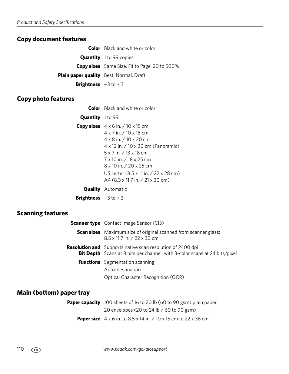 Copy document features, Copy photo features, Scanning features | Main (bottom) paper tray | Kodak HERO 7.1 User Manual | Page 116 / 127