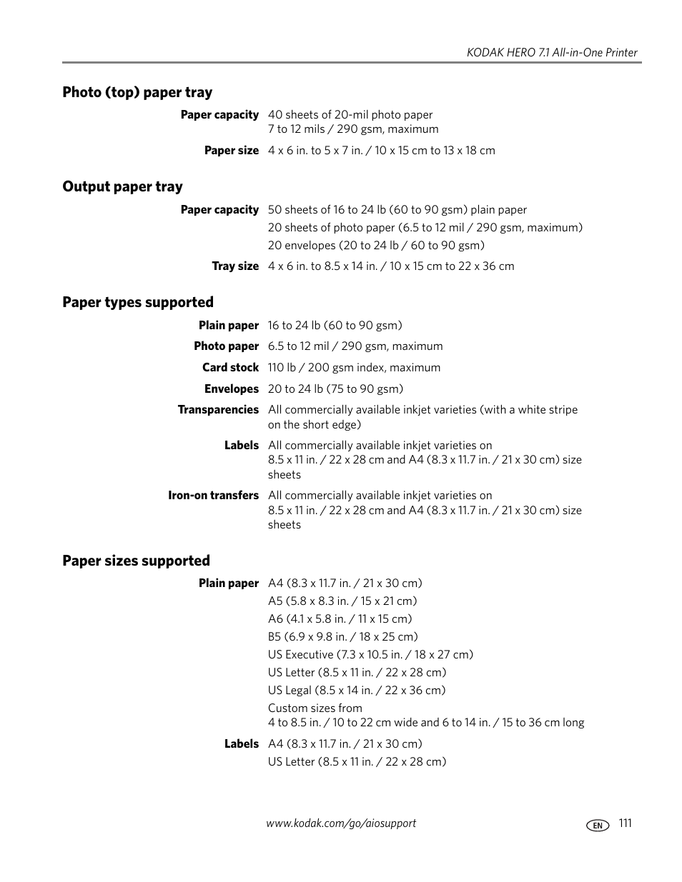 Photo (top) paper tray, Output paper tray, Paper types supported | Paper sizes supported | Kodak HERO 7.1 User Manual | Page 117 / 127