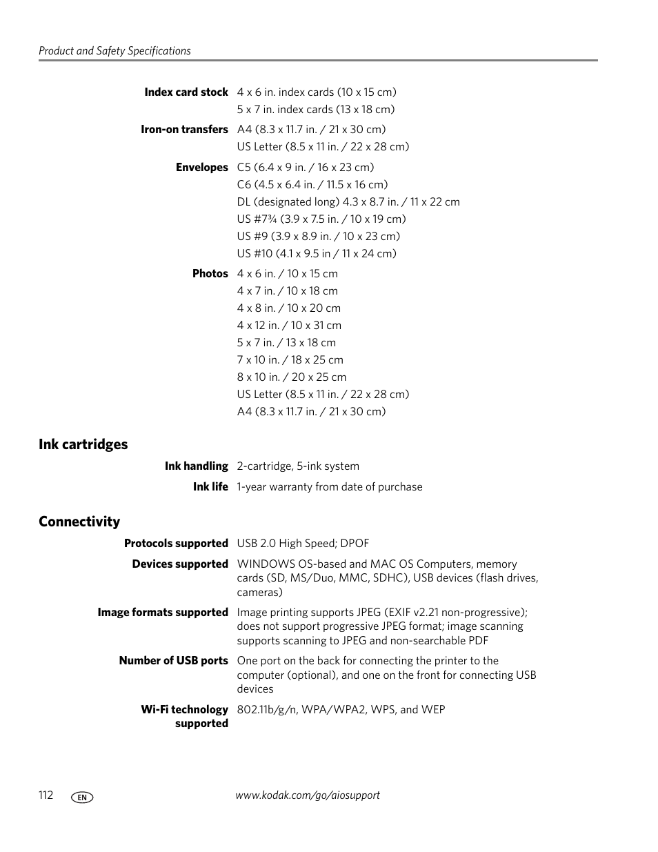 Ink cartridges, Connectivity, Ink cartridges connectivity | Kodak HERO 7.1 User Manual | Page 118 / 127