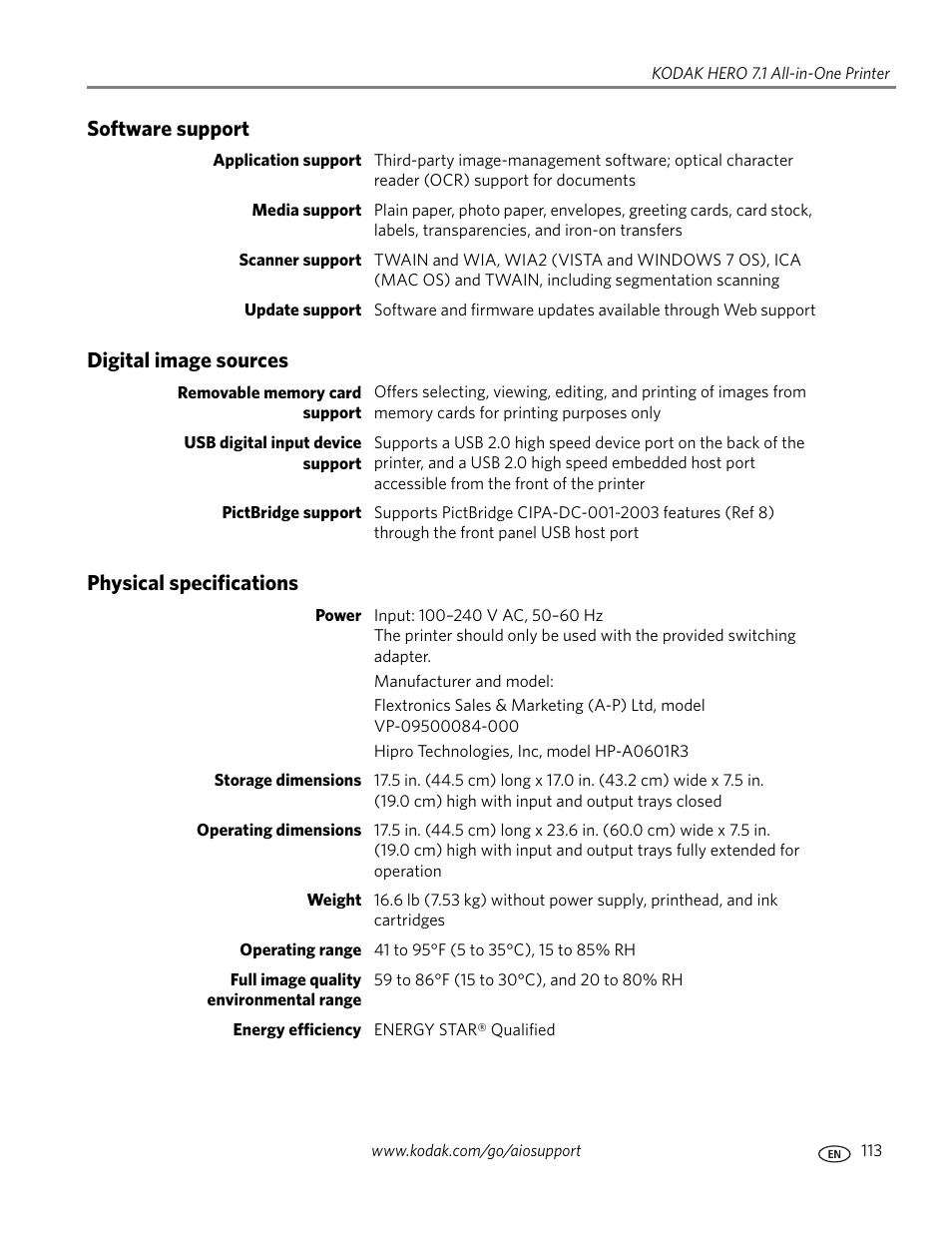 Software support, Digital image sources, Physical specifications | Kodak HERO 7.1 User Manual | Page 119 / 127