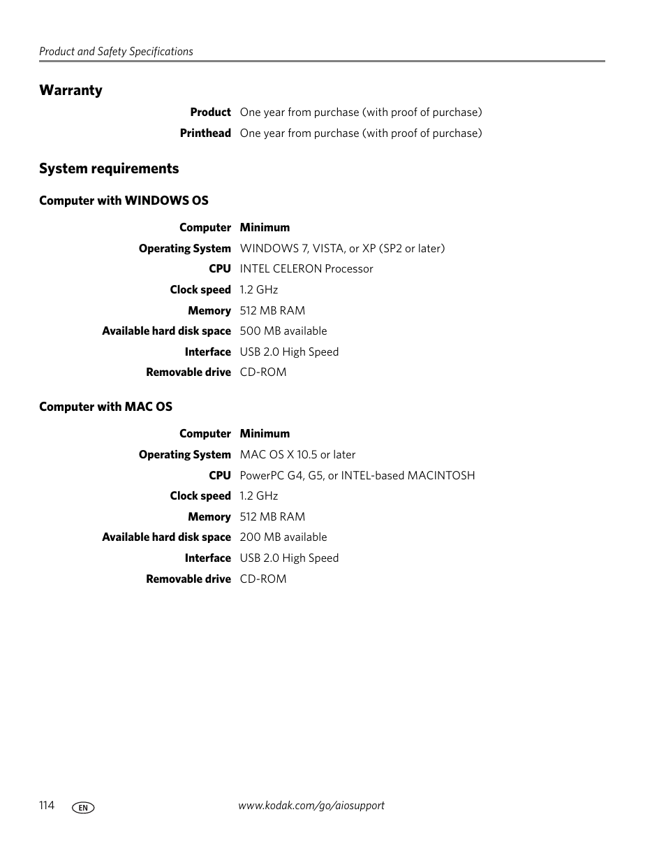 Warranty, System requirements, Computer with windows os | Computer with mac os, Warranty system requirements | Kodak HERO 7.1 User Manual | Page 120 / 127