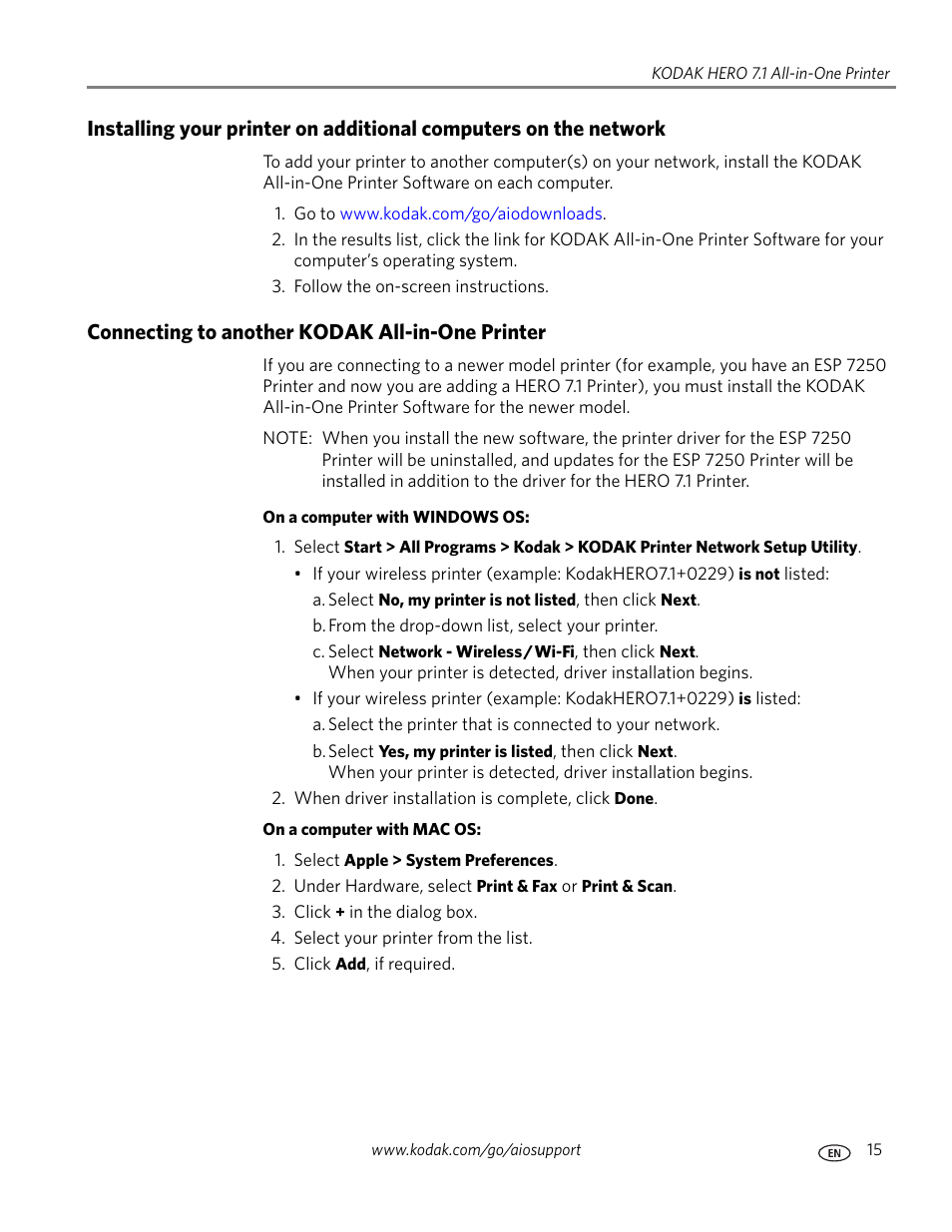 Connecting to another kodak all-in-one printer | Kodak HERO 7.1 User Manual | Page 21 / 127