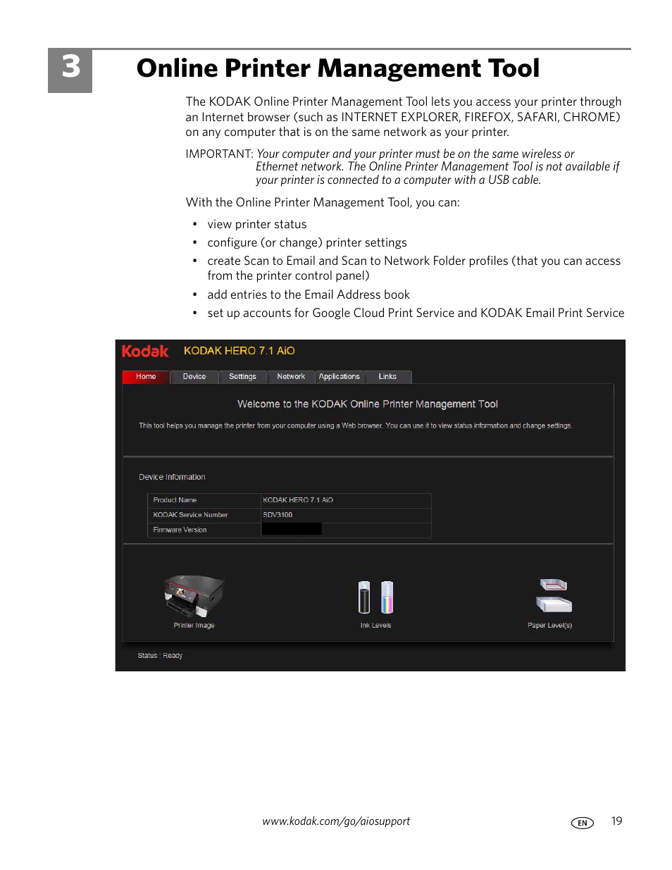 Online printer management tool, 3 online printer management tool | Kodak HERO 7.1 User Manual | Page 25 / 127