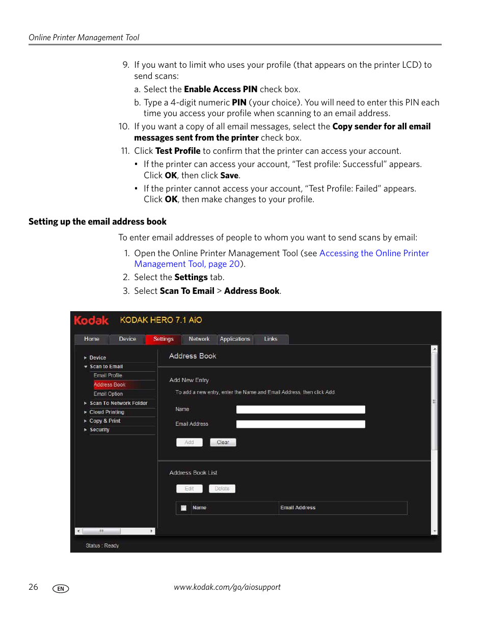 Setting up the email address book | Kodak HERO 7.1 User Manual | Page 32 / 127