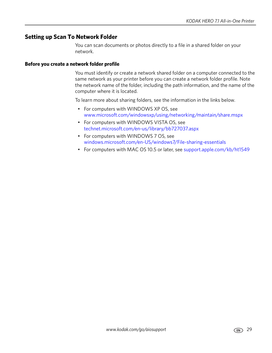 Setting up scan to network folder, Before you create a network folder profile | Kodak HERO 7.1 User Manual | Page 35 / 127