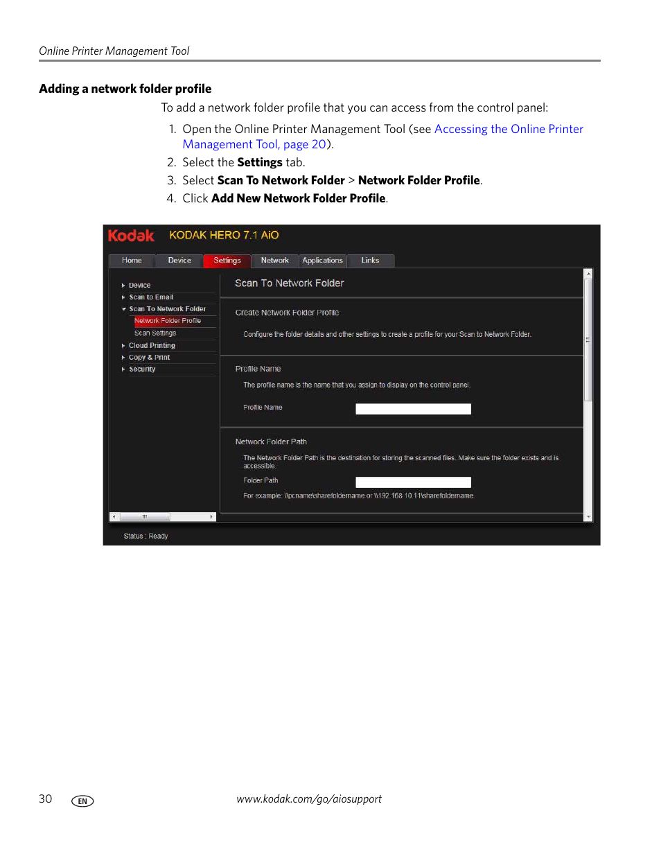 Adding a network folder profile | Kodak HERO 7.1 User Manual | Page 36 / 127