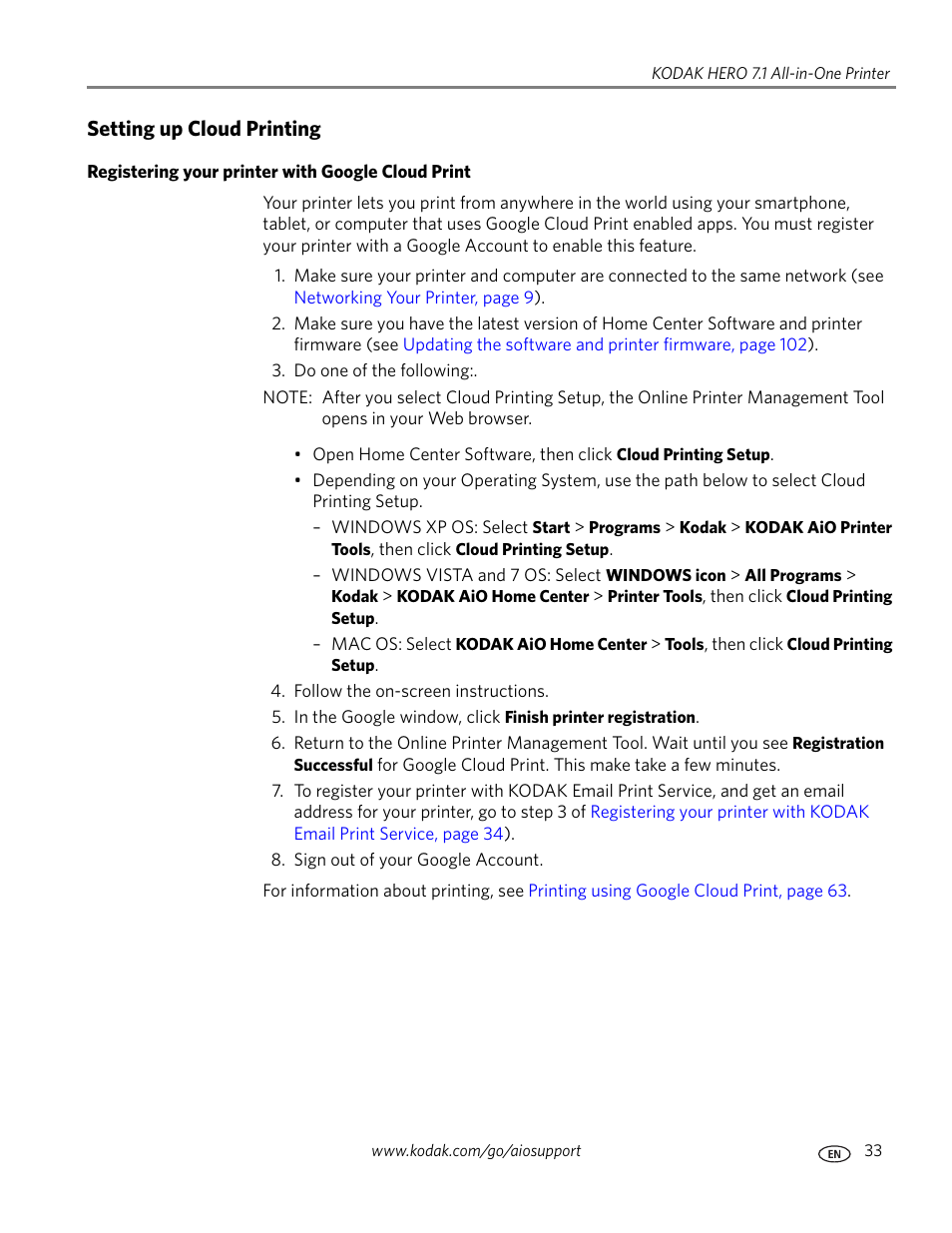 Setting up cloud printing, Registering your printer with google cloud print | Kodak HERO 7.1 User Manual | Page 39 / 127