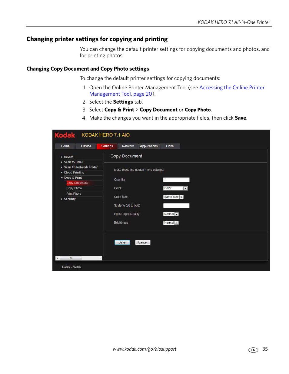 Changing printer settings for copying and printing, Changing copy document and copy photo settings | Kodak HERO 7.1 User Manual | Page 41 / 127