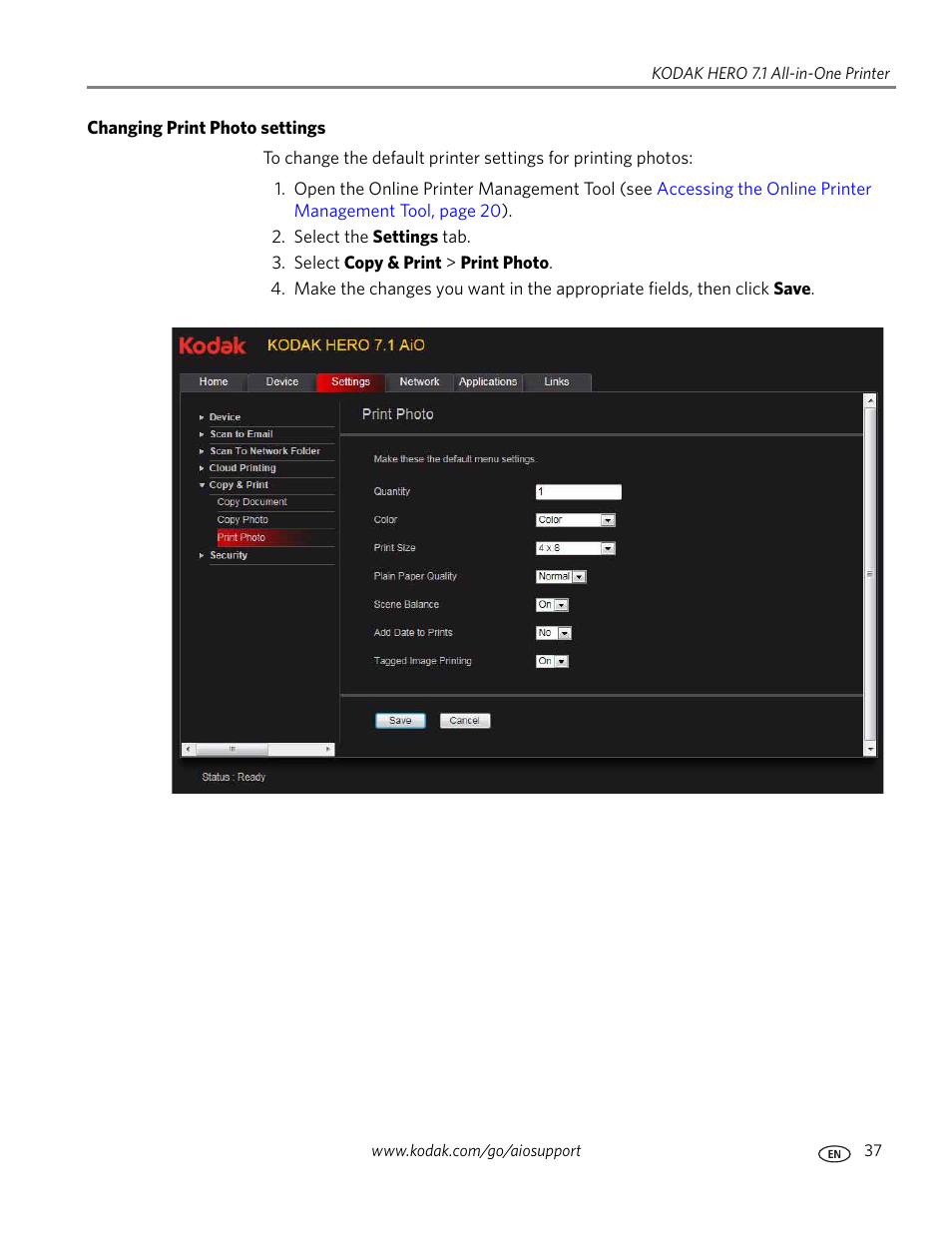 Changing print photo settings | Kodak HERO 7.1 User Manual | Page 43 / 127