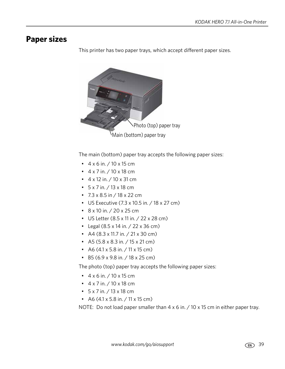 Paper sizes | Kodak HERO 7.1 User Manual | Page 45 / 127