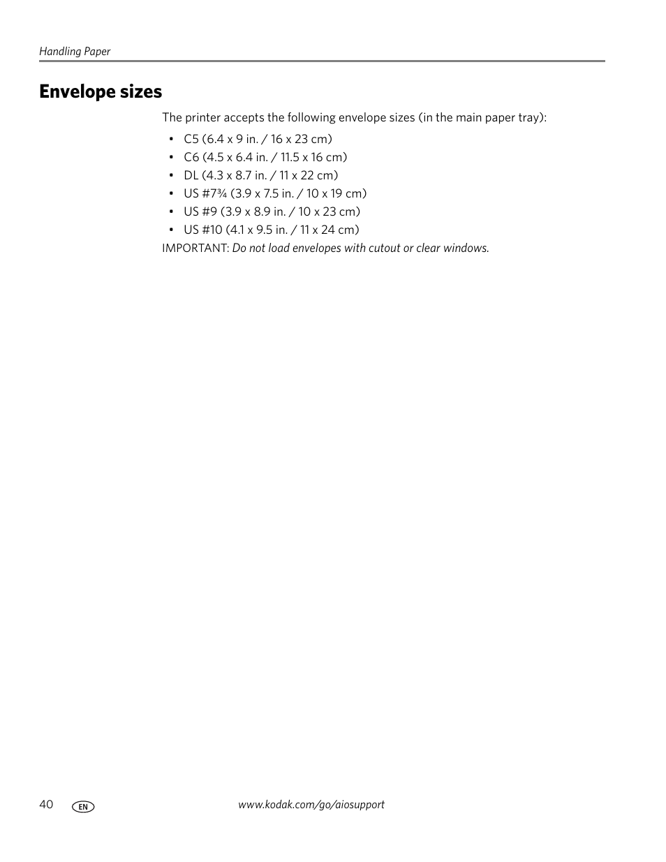 Envelope sizes | Kodak HERO 7.1 User Manual | Page 46 / 127