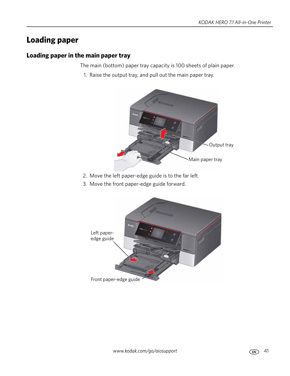 Loading paper, Loading paper in the main paper tray | Kodak HERO 7.1 User Manual | Page 47 / 127