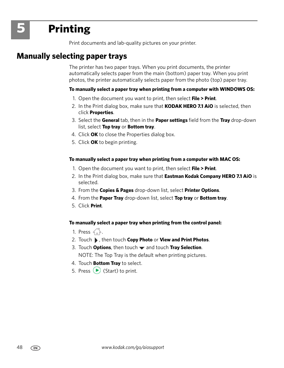 Printing, Manually selecting paper trays, 5 printing | Kodak HERO 7.1 User Manual | Page 54 / 127