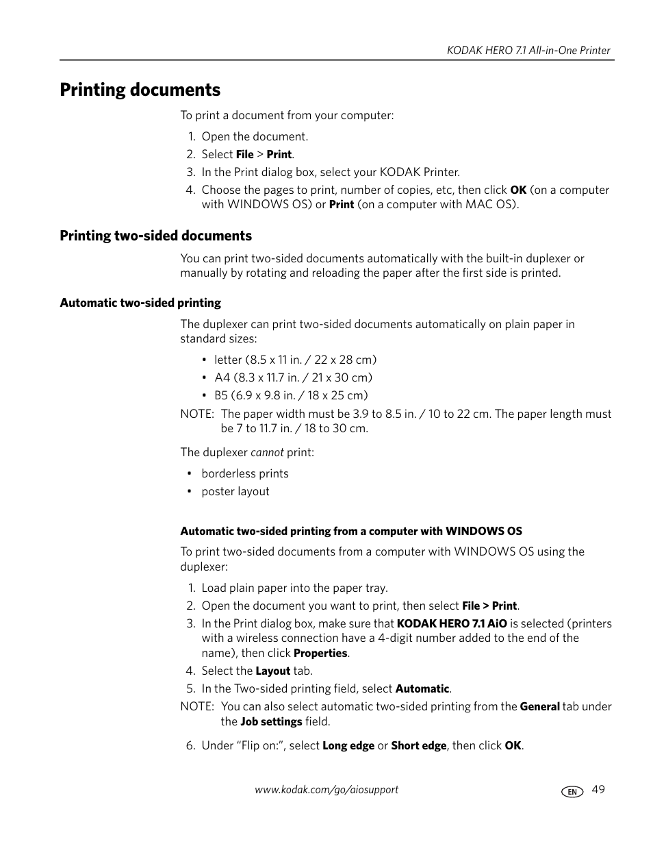 Printing documents, Printing two-sided documents, Automatic two-sided printing | Kodak HERO 7.1 User Manual | Page 55 / 127