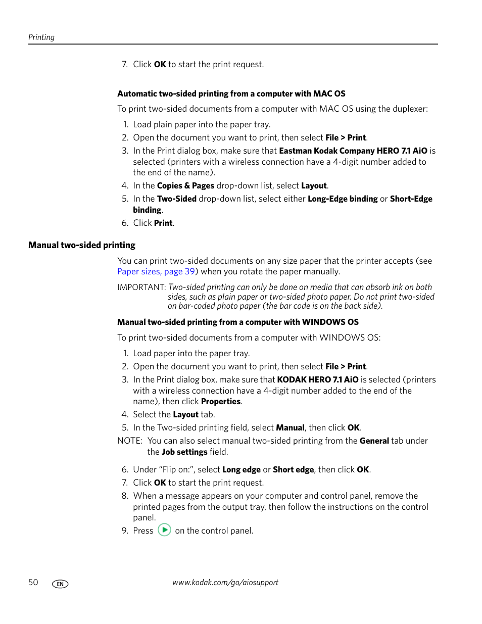 Manual two-sided printing | Kodak HERO 7.1 User Manual | Page 56 / 127