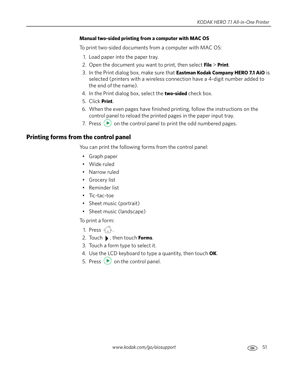 Printing forms from the control panel | Kodak HERO 7.1 User Manual | Page 57 / 127